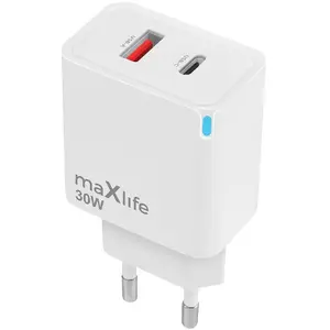 Power adapter maxlife MXTC-09-30AC GaN PD QC 30W — 1x USB-C, 1x USB, white