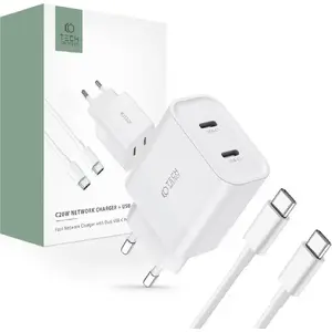 Сетевое зарядное устройство Tech-Protect C20W 2 порта PD 20W с кабелем USB-C, белое
