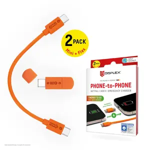 Emergency Phone-to-Phone Charger e.v.i. 02190 USB-C to USB-C Mini Plug with 0.15 m Flex Cable, Orange, 2 Pack