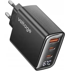 Power adapter voltage GaN Charger 67W PD 3.0 QC 4.0 USB-A and 2× USB-C with digital display, black