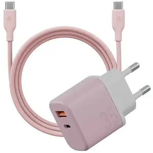 Сетевой зарядный адаптер Vega GoPort Velox Kit USB-C/USB-A GaN 35W с кабелем, розовый