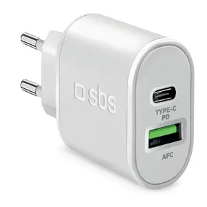 Mobile charger SBS Mobile TETRPD20W — indoor AC fast charger, USB-C 1 port, 100–250V input, up to 9V output, white