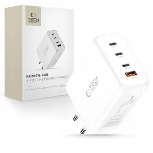 Tech-Protect NC200W-GAN сетевое зарядное 4 порта PD 200W / QC3.0 белое, USB-C/USB-A