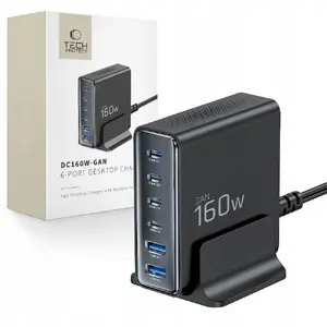 Сетевой адаптер Tech‑Protect DC160W‑GAN настольная зарядка 6‑портовая PD 160W QC3.0 чёрная