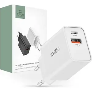 Сетевой адаптер Tech-Protect NC30W 2-портовый зарядный PD 30W + QC3.0, белый