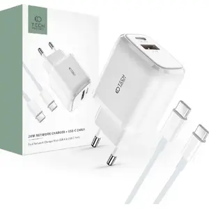 Сетевое зарядное устройство Tech-Protect C20W 2-портовое PD 20W QC 3.0 с USB-C кабелем, белое