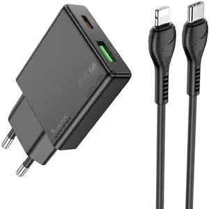 Сетевая зарядка HOCO Slim USB-A + USB-C QC3.0 PD 3A 20W с кабелем USB-C — Lightning N38, чёрная