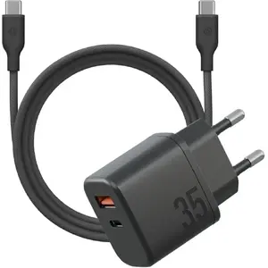 Power adapter ENERGEA Bazic Goport Velox 35W GaN charger with 1×USB-C, 1×USB-A and braided cable, black