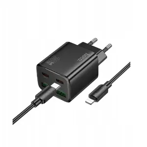 Сетевое зарядное устройство HOCO N56 30W 2×USB-C PD 3A + 2×USB-A QC3.0 с кабелем USB-C — Lightning, черное