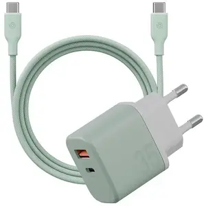 Сетевое зарядное устройство Vega Velox Kit GaN 35W с USB-C и USB-A портами и кабелем, зелёное