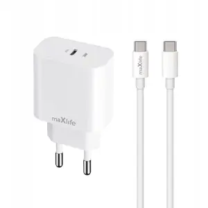 Power adapter maxlife MXTC-06-20C 20W USB-C PD/QC charger with 1x USB-C port and USB-C to USB-C cable, white