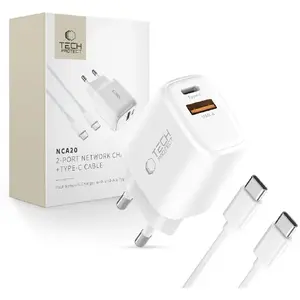 Сетевое зарядное устройство Tech-Protect NCA20 2 порта PD 20W + QC3.0 с кабелем Type-C, белое
