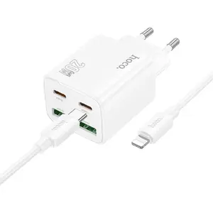 Сетевая зарядка HOCO N55: 2× USB-C PD 3A 20W + 2× USB-A QC3.0, в комплекте кабель USB-C—Lightning, белая