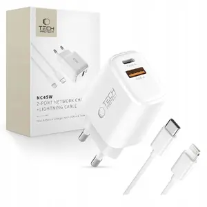 Сетевое зарядное устройство Tech-Protect NCA45W-GAN 2 порта PD 45W / QC3.0 с кабелем Lightning (белое)