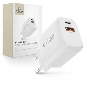 Зарядное устройство Tech-Protect NCA45W-GAN 2‑портовое GaN PD 45W / QC3.0, белое
