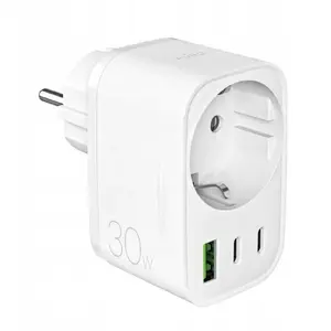 Сетевой адаптер PURO 30W Power Delivery с вилкой и розеткой Schuko, 2×USB-C + 1×USB-A, белый