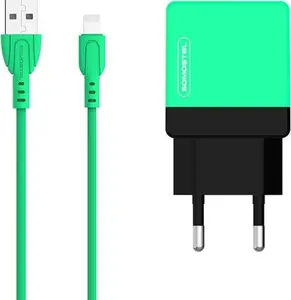 Tīkla lādētājs SOMOSTEL modelis 28231 — 2x USB 2,1A (kopā 2100 mA) ar iPhone Lightning kabeli, zaļš