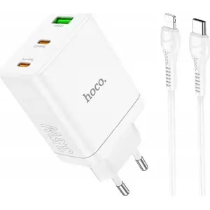 Сетевая зарядка HOCO N33 35 Вт PD QC3.0 2×USB-C + USB-A с кабелем USB-C—Lightning, 3А, белая