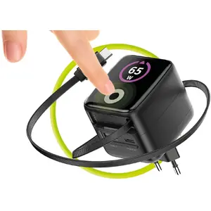 Сетевой адаптер MOBILE ORIGIN Mobile Origin 65W GaN Display Charger PW3 с встроенным самовматывающимся кабелем USB-C, портами USB-C и USB-A