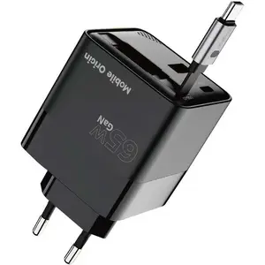Сетевой адаптер MOBILE ORIGIN PW2 65W GaN Display Charger с втягивающимся кабелем USB-C, портами USB-C и USB-A
