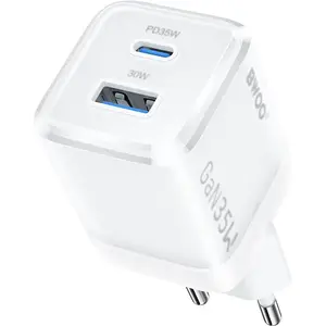 BWOO GaN wall charger CDA222 PD 35W — 1×USB-A, 1×USB-C, white