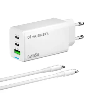 Wozinsky GaN 65W Universal Indoor AC Fast Charger, White, 2x USB-C, 100–240V