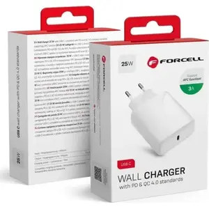 Wall Charger FORCELL USB-C 3A 25W with PD and QC 4.0 - Universal USB Type-C Power Adapter