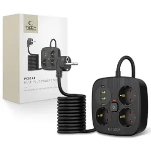 Power strip Tech-Protect PCS3X4 with 3 sockets, 2 USB-A and 2 USB-C ports, 200 cm cable, black