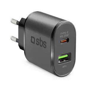 Mobile device charger SBS Mobile TETRPD25W — AC indoor USB-C fast charger, 100–250V input, up to 9V output, black