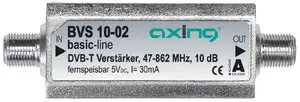 TV signāla pastiprinātājs Axing BVS 10-02, F savienotāji, barošana pa koaksiālo 5/6 V, 85×26×20 mm