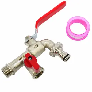 Садовый кран AWTools AW61485 двойной латунь никелированный 1/2" вход и 2x3/4" наружная резьба