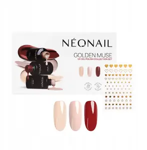 Hybrid nail polish set NEONAIL: Golden Muse Blushing Red 3ml, Sunset Nude 3ml, Blush Flush 3ml + Metallic Gold nail stickers