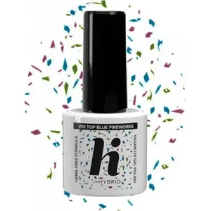 Top coat HI HYBRID HEMA Free No Wipe #01 Blue Fireworks, hybrid nail top, 5 ml
