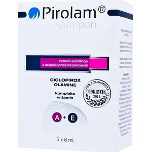 Šampūna paciņas Polpharma Pirolam 6 x 6 ml — vienreizējas devas matu tīrīšanai