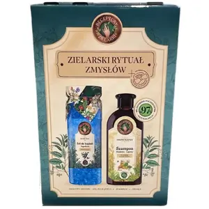 Komplekts Waterclouds RECEPTURY ZIELARKI Domowe Tradycje: šampūns Medus‑liepa 350 ml + vanna sāls Jagoda 700 g + matu lente