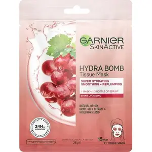 Vienreizējā sejas auduma maska GARNIER Hydra Bomb Origin ar vīnogu kauliņu ekstraktu, 1 gab.