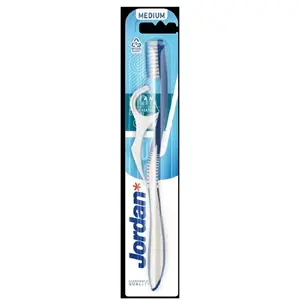 Zobu sukas ar flosseri Orkla JORDAN CLEAN BETWEEN Medium — kombinēta zobu suka un starpzobu flosseris, vidēji cieta saru