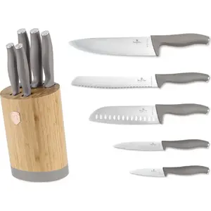 Knife set berlinger haus BH-2756 in bamboo block — taupe handles, kitchen cutlery set