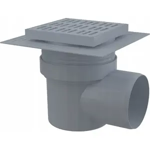 Floor drain ALCADRAIN APV10 150×150 mm top, 110 mm side outlet, gray grate, two insulation levels, wet trap
