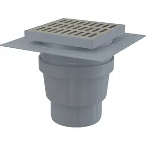 Floor drain ALCADRAIN APV13 150×150 mm to 110 mm vertical outlet, stainless steel grate, two-level insulation, wet trap