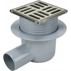 Floor drain Kessel adjustable bathroom drain with 50 mm side outlet, 100×100 mm stainless steel grate and frame