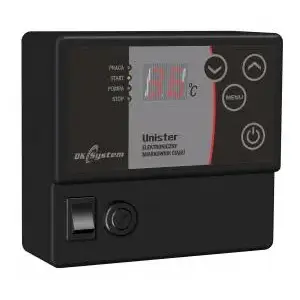 DK System electronic draught regulator UNISTER 201303 for solid fuel boilers — controls air inlet flap and central heating pump