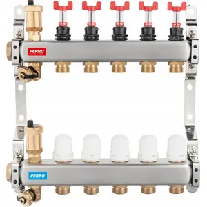 3-way stainless steel manifold with thermostatic valves, flowmeters, automatic air vents, drain valves, 3/4" nipples — FERRO SN-RZPU03S