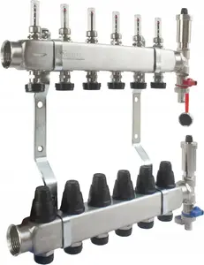 Rozdzielacz INOX RSZTPX-5 — 5‑контурный распределитель с термоклапаном, расходомером, сливным краном и воздуховыпускником