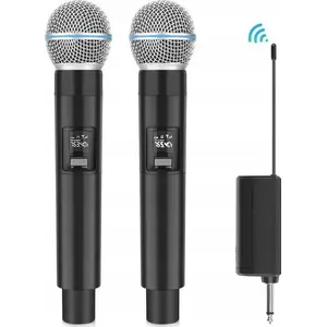 Puluz bezvadu dinamisko studijas mikrofonu komplekts SB8515 — 2x rokas mikrofonas, UHF, darbības rādiuss 30 m, uztvērējs ar 6,35 mm un 3,5 mm izvadi