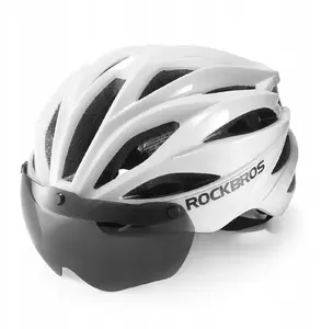 Protective bicycle helmet Rockbros with visor and detachable UV-protective goggles, unisex, glossy white