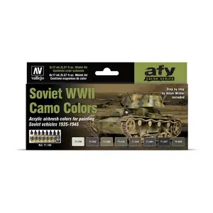 Krāsu komplekts VALLEJO Soviet WWII Camo Colors — 17 ml pudelītes: Russian Green, Olive Drab, Dark Green, Russian Tan, Black, Brown, Grey