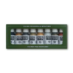 Akrila metāliskās krāsas VALLEJO Vallejo Metallic Colors 17 ml pudelēs — dažādi metāliskie toņi (Gunmetal Blue, Brass, Bronze, Copper, Gold, Silver, Grey)