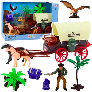 Playset LEANToys Western wagon with cowboy, horses and palm trees, model 24298, children's game figurines