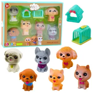 LEANToys set of 6 rubber squeaky dog figurines with house and transporter